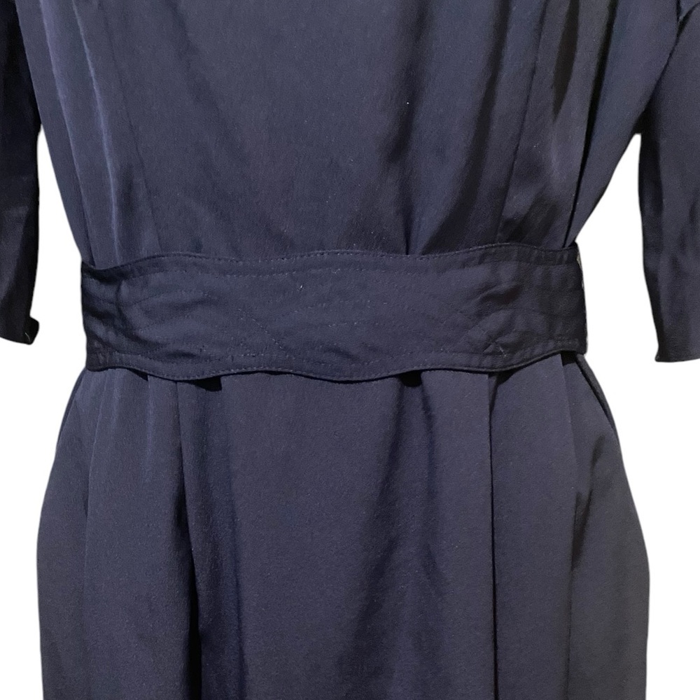 Eliza J Silky Navy Blue Dress Bell Sleeve Sheath Belted Pockets Preppy Office - Picture 7 of 16